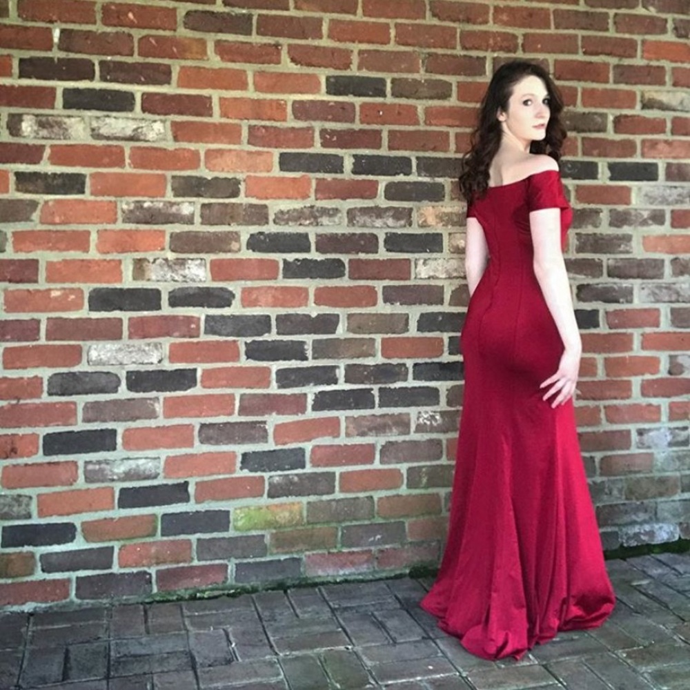 Red off shoulder gown
